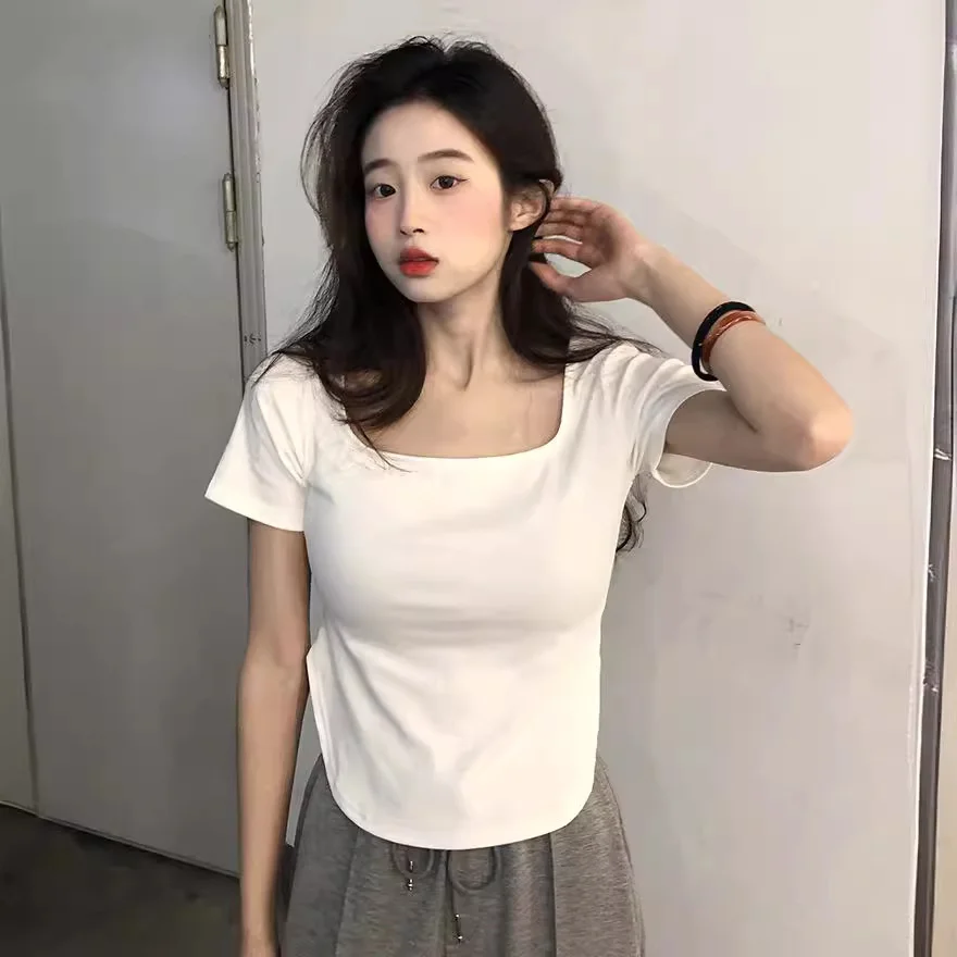 Uveng Uveng 2024 New Pure Desire Wind Big U-Collar Hot Girl Top Show Slim Slim Irregular Short-Sleeved T-Shirt Female Ins