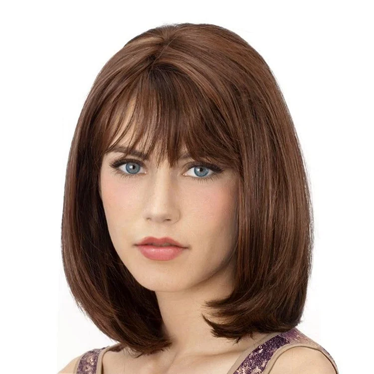 Short Straight Bob Wigs with Air Bangs Brown Wig