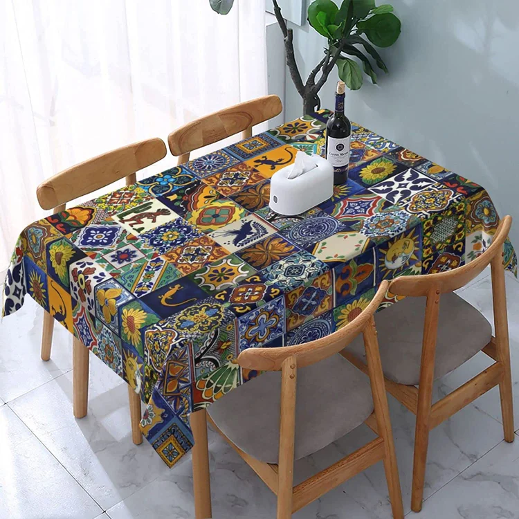 Mexican Talavera Tiles Boho Rectangle Tablecloth Kitchen Table Decor Reusable Waterproof Table Covers Holiday Party Decorations