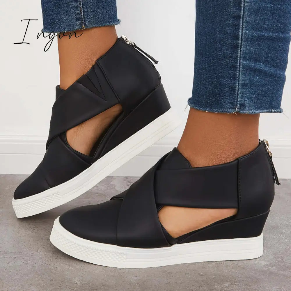 Ingvn - Casual Wedge Sneakers Platform Crisscross Cut Out Shoes Black / 5
