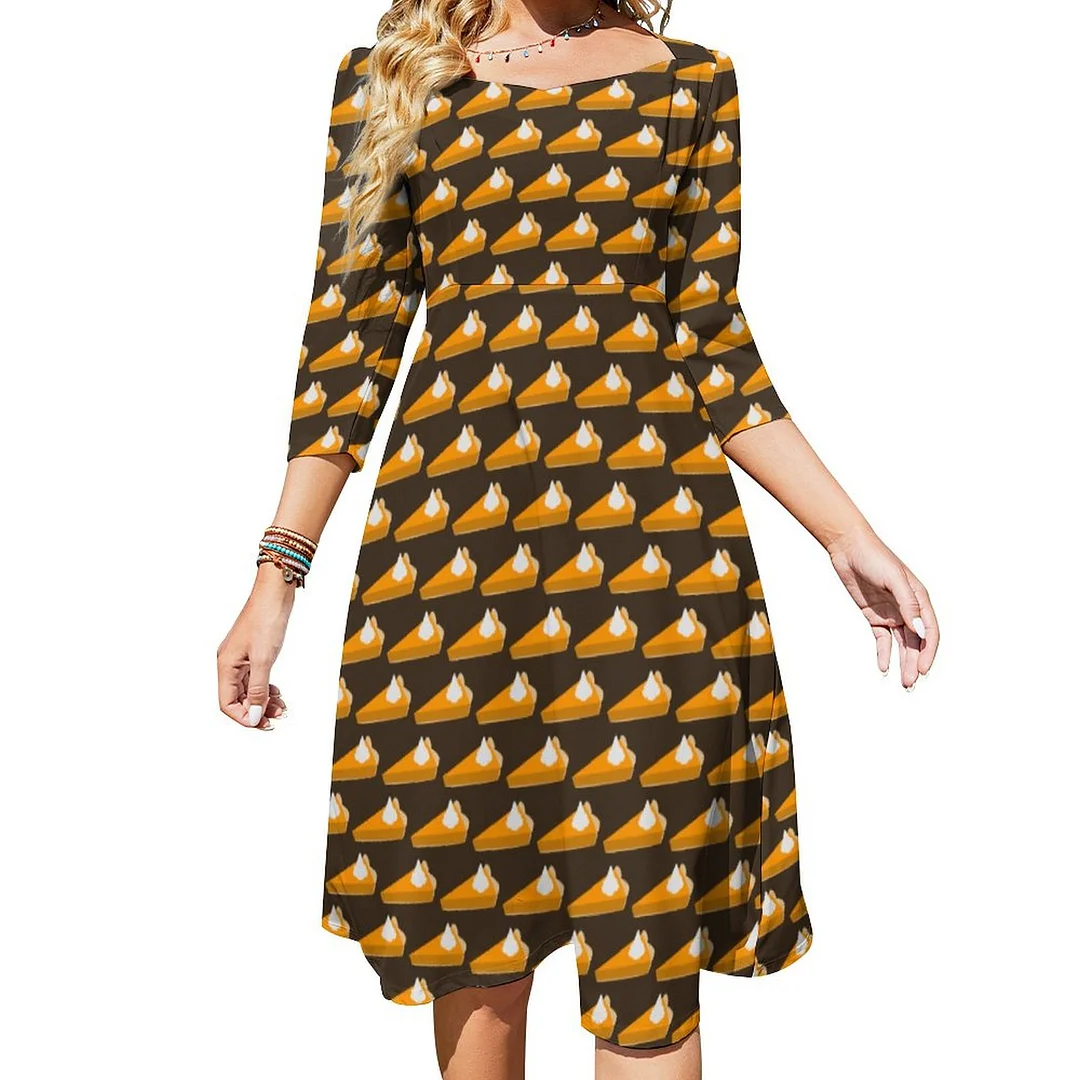 Slice Of Pumpkin Pie Funny Thanksgiving Dress Sweetheart Tie Back Flared 3/4 Sleeve Midi Dresses