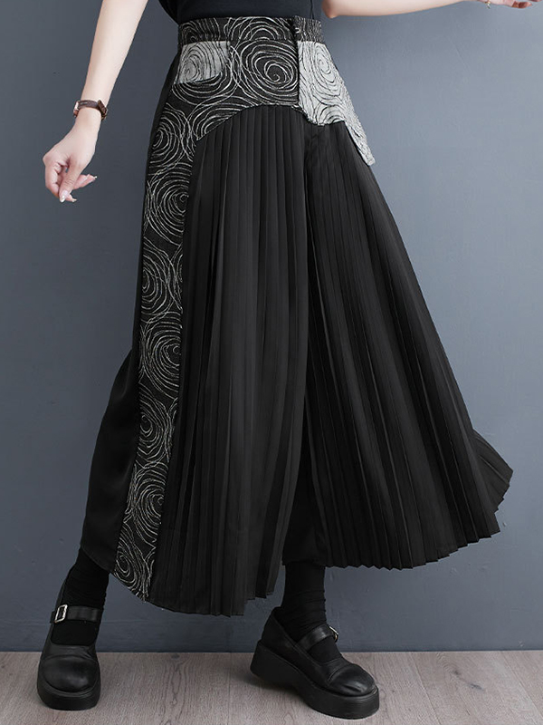 High Waist Denim Printed Pleated Wide Leg Pants