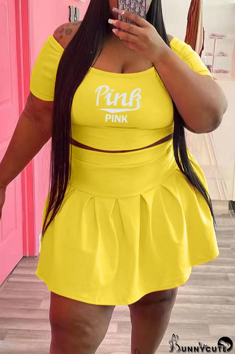 Yellow Fashion Casual Letter Print Basic O Neck Short Sleeve Two Pieces