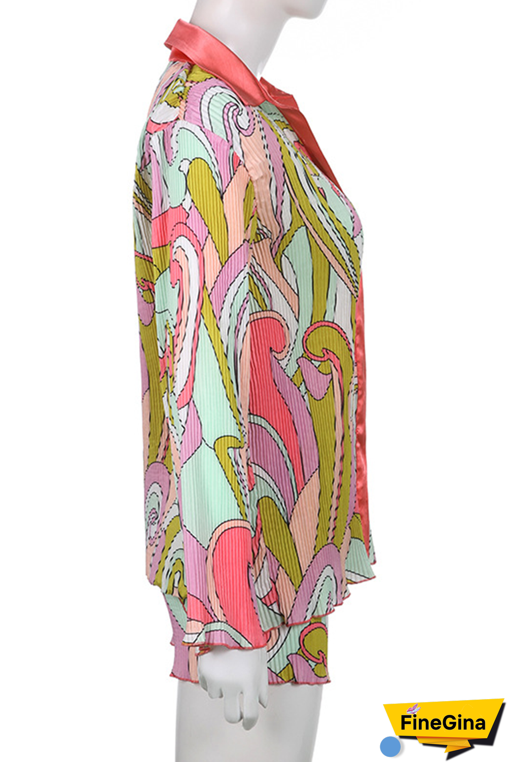 Colour Casual Print Patchwork Turndown Collar Long Sleeve Two Pieces