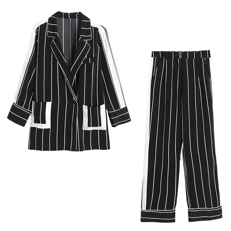 Women Black-And-White Striped Suits Summer Thin Blazer Coat & Pants ZA Jackets Coats Female Casual Trousers Sets Fashion