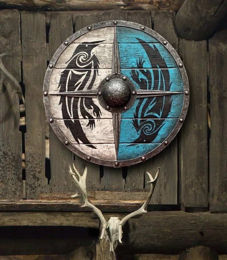 Double ravens personalized battleworn viking shield - vzzhome