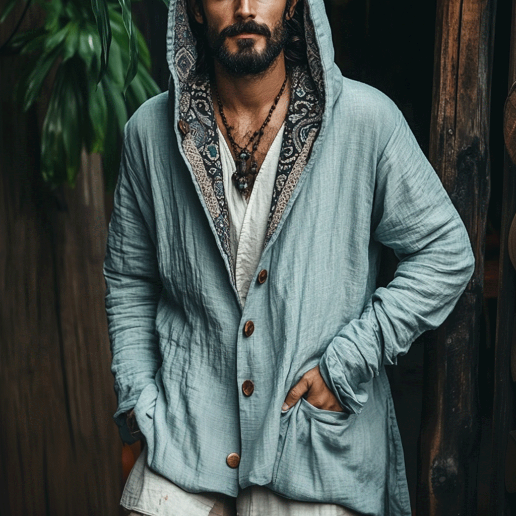 Men's Linen Tribal Hooded Jacket-inspireuse