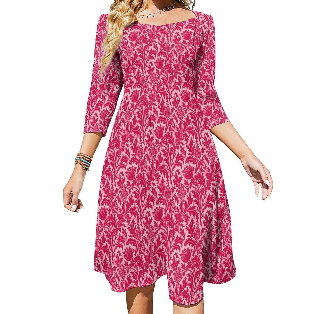 William Morris Thistle Damask Fuchsia Pink Dress Sweetheart Tie Back Flared 3/4 Sleeve Midi Dresses