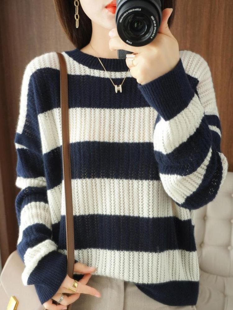 Stripes Loose Sweater Round Neck Drop Shoulder Long Sleeve Hollow Out Knitwear