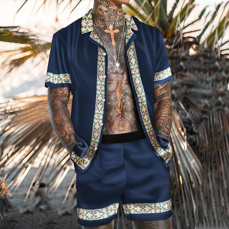 BrosWear Beach Style Loose Shirt Hawaiian Casual Shirt Set