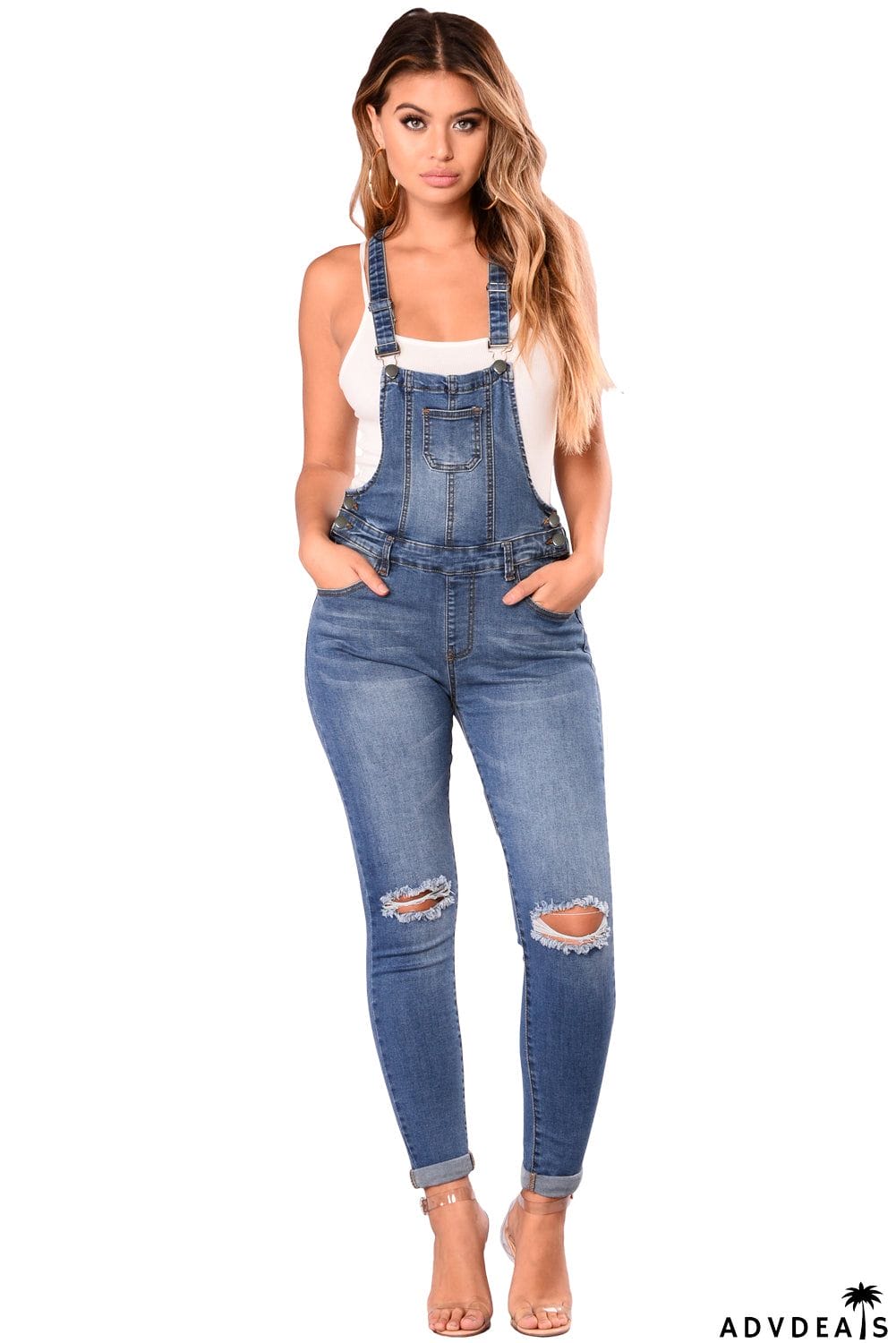 Light Blue Wash Knee Slit Denim Overalls