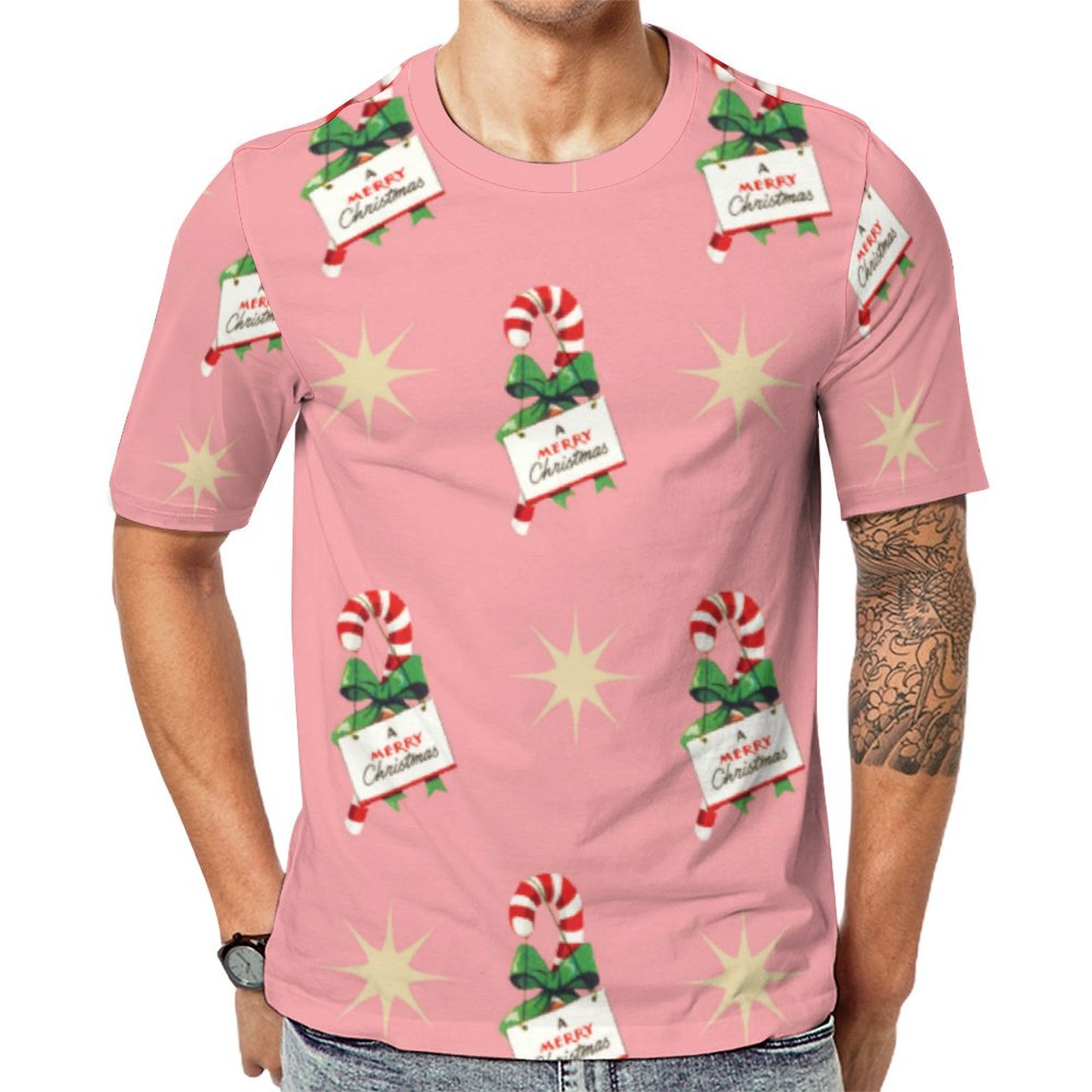 Vintage Christmas Candy Canes With Pink Short Sleeve Print Unisex Tshirt Summer Casual Tees for Men and Women Coolcoshirts