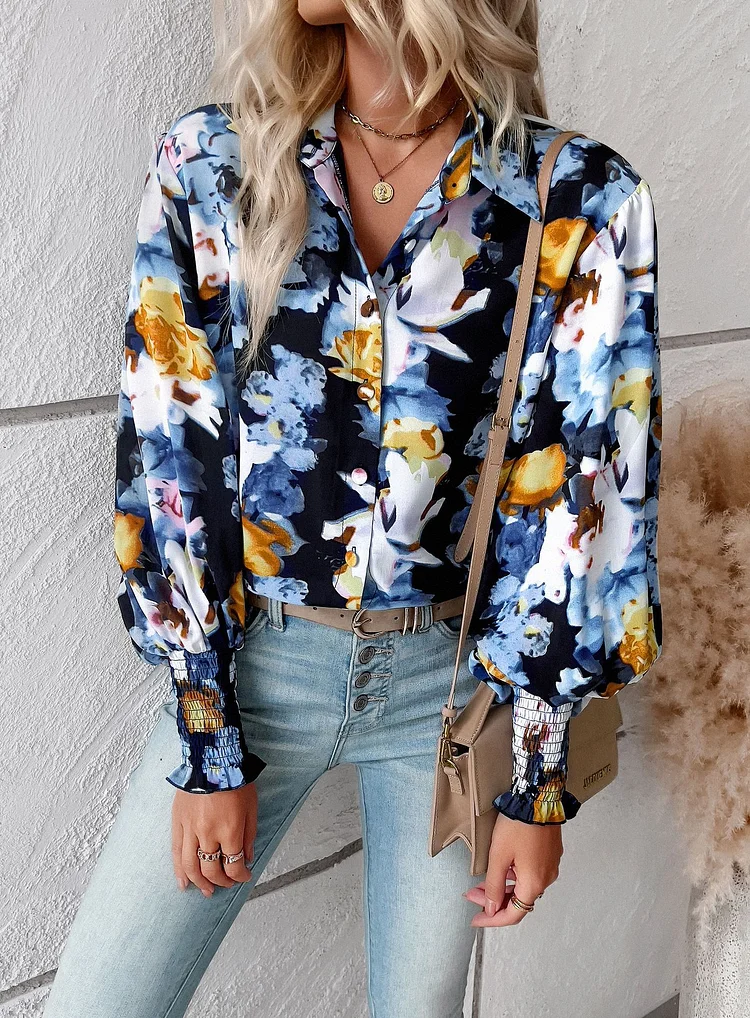 Women's Floral Shirt Puff Sleeve Lapel Casual Shirts Top