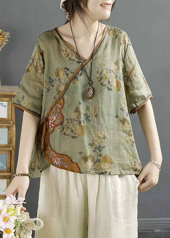 Vintage Green Embroideried Print Lace Up Linen Shirts Summer