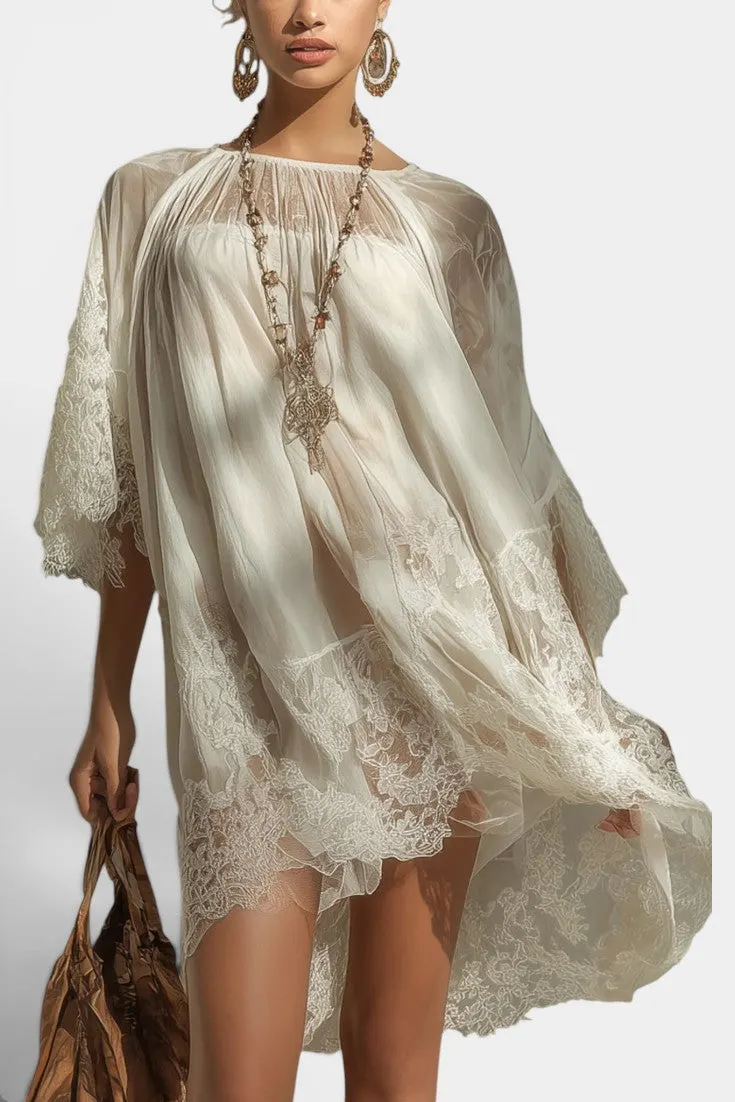 Ethereal Lace-Trimmed Oversized Short Dress