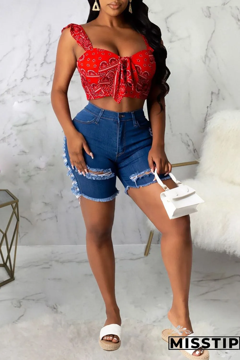 Dark Blue Fashion Sexy Solid Ripped High Waist Straight Jeans