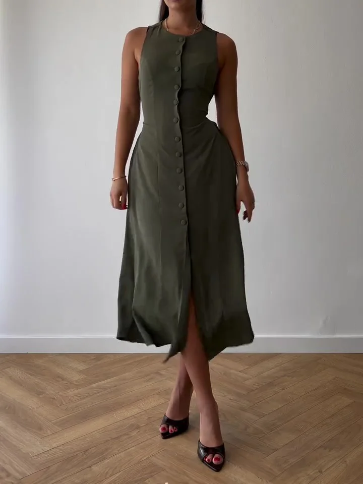 Green Sleeveless Button Tie Dress