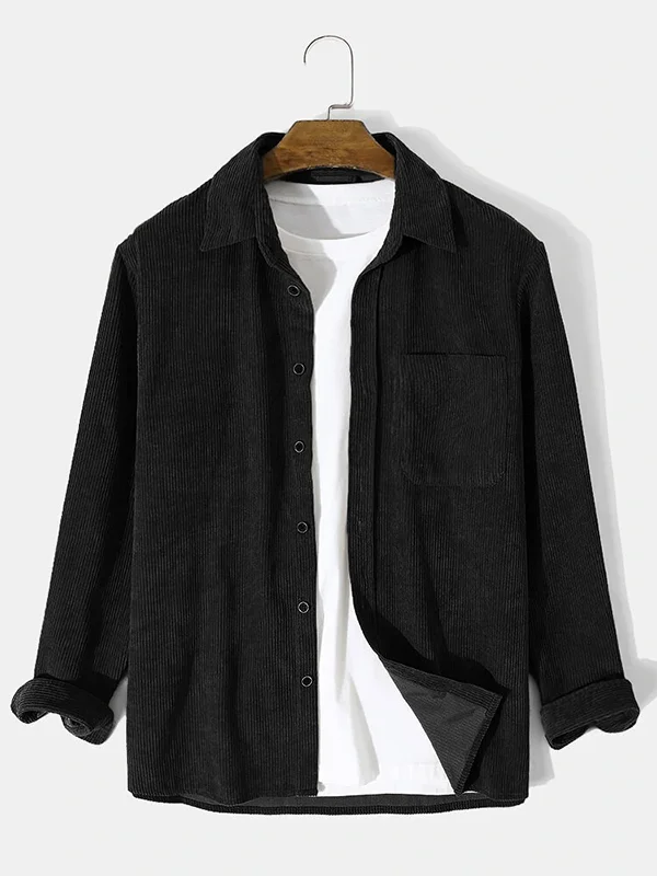 Men's Casual Plain Turndown Collar Button Long Sleeve Pocket Corduroy Shirt