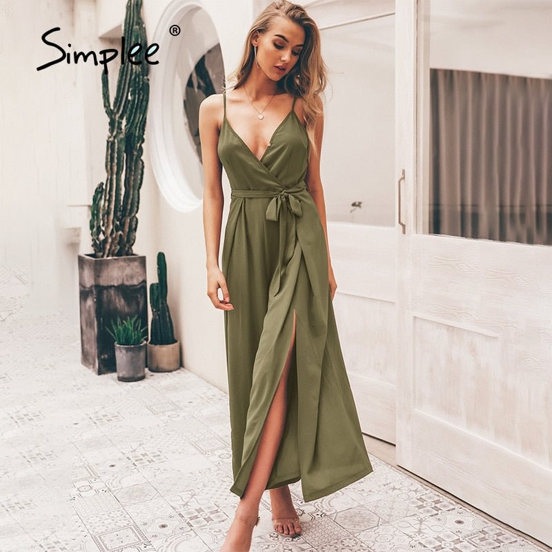 Simplee Sexy floral print jumpsuits women V-neck split spaghetti strap lace up long overalls Summer beach loose female jumpsuit
