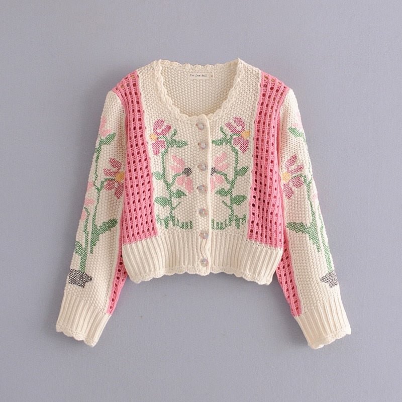 2020 New Fashion Autumn Casual Chic Floral Embroidery Knitted Cardigans Women Knit Jacket Hollow Out Single-breasted Sweaters