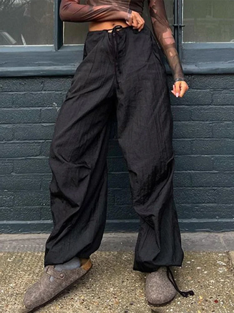 Jacqueline Y2K Wide Leg Cargo Pants Women Drawstring Baggy Low Waist Fashion Hippie Trousers Pocket Casual Street Vintage Brown