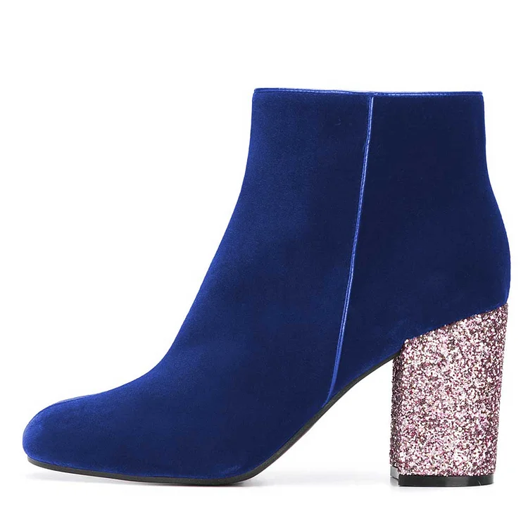 Blue Velvet Glitter Chunky Heel Ankle Boots Vdcoo