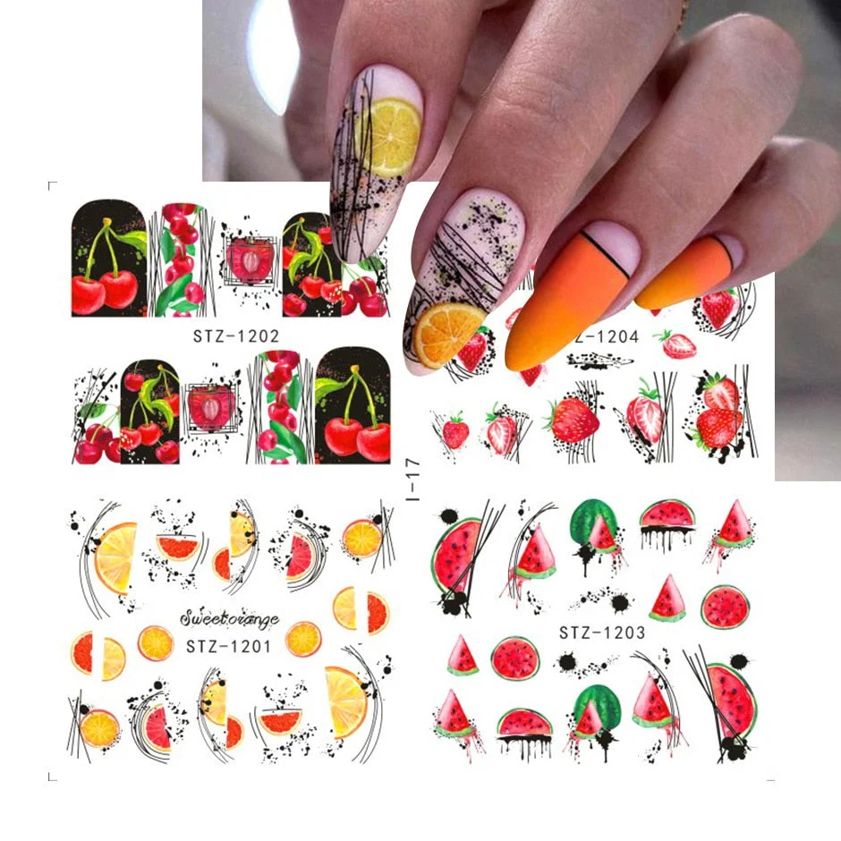 Nail Stickers Water Transfer Fruits Abstract Art Designs 4Pcs/Set Nail Decal Decoration Tips For Beauty Salons-Nail Inspo