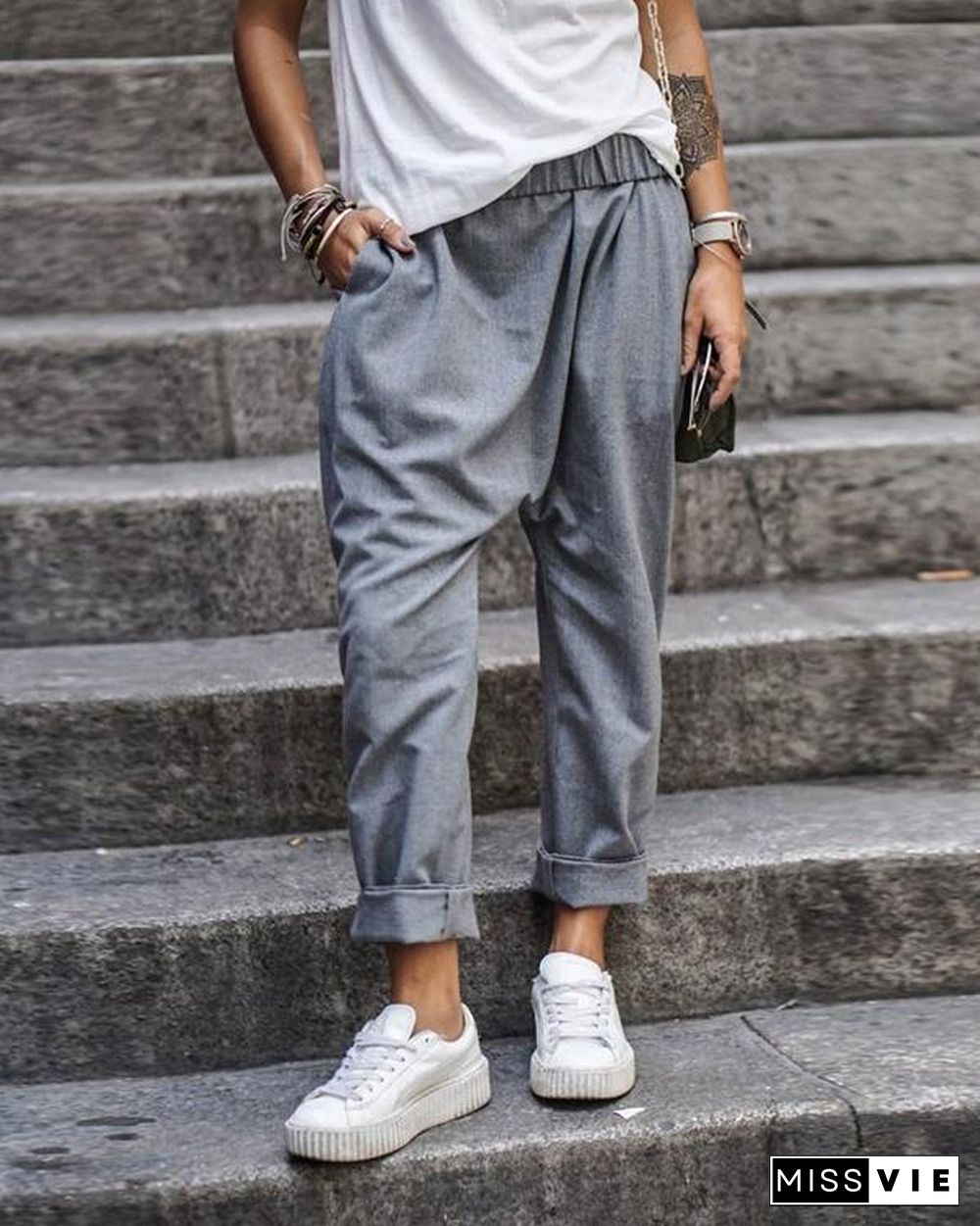 Solid Color Casual Pocket Elastic Waist Harem Pants