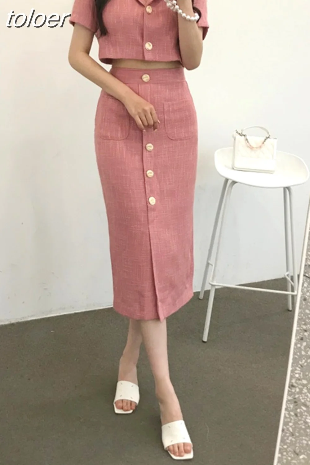 toloer Korea Elegant Lapel Thin Tweed Small Suit Short Jacket + High Waist Chic Button Slim Womens Two Piece Skirt Sets Summer