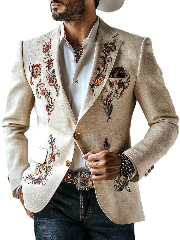 Vintage Western Style Embroidered Cotton and Linen Blazer