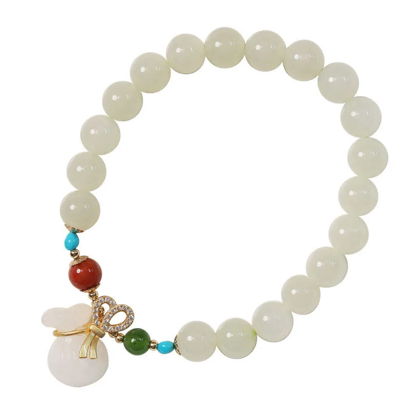 Natural Hetian White Jade 14K Gold Plated Money Bag Blessing Bracelet