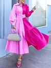 Fashion Contrast Color Long Sleeve Button Belted Long Sleeve Midi Dress