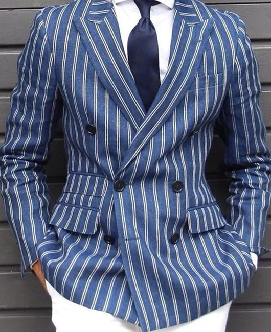Striped Double Breasted Lapel Collar Pockets Blazer 