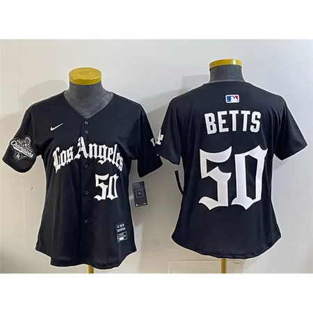 Women's Los Angeles Dodgers #50 Mookie Betts Black 2025 World Series Champions LA Gothic Edition Limited Stitched Baseball Jersey