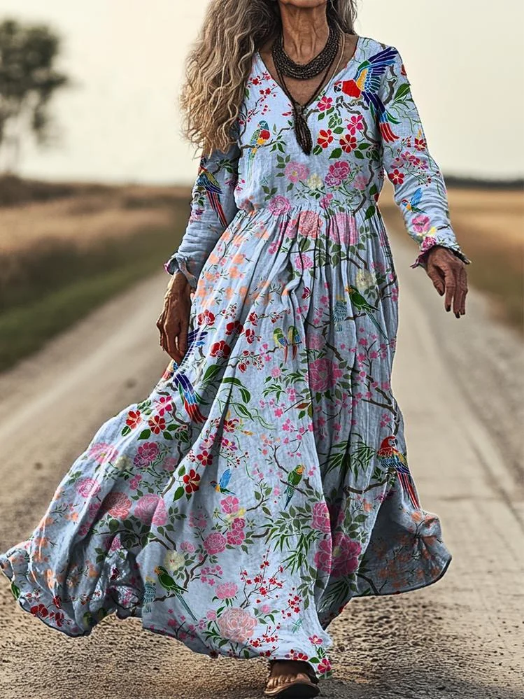 Women's Boho Ethnic Floral Art Pattern Print Pocket Cotton Dress