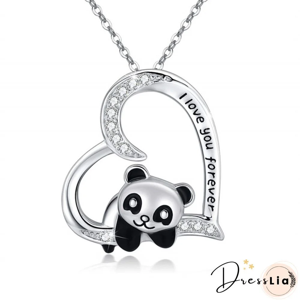 925 Sterling Silver Necklace - I Love You Forever Jewelry Gifts for Women/Daughter/Lover Panda Necklace Cute Heart Animal Pendant Panda Necklace