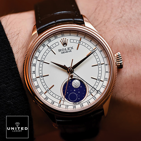 Rolex Cellini 50535 Moonphase White Dial Replica on the man wrist