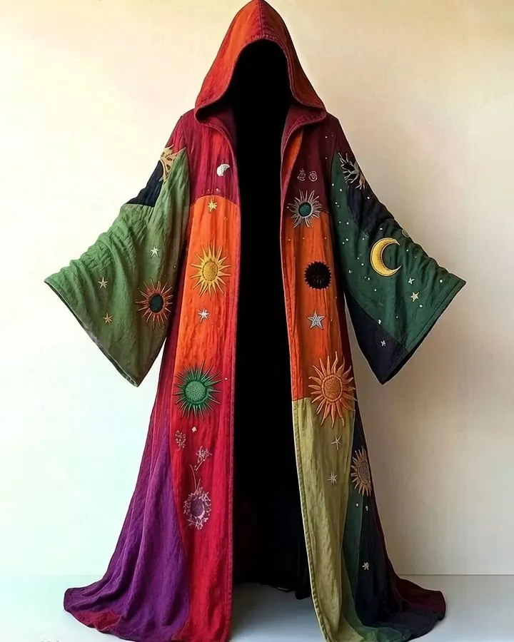 Men's Music Festival-Themed Colorful Star and Moon Embroidered Hooded Cape 2484