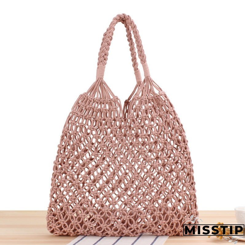 Paziye Shoulder Woven Bag Handbag Handmade Cotton Rope Net Bag Beach Bag