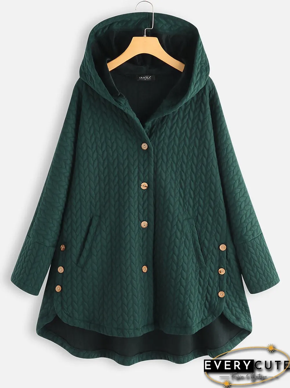 Casual Jacquard Pockets High Low Thin Loose Hooded Coat
