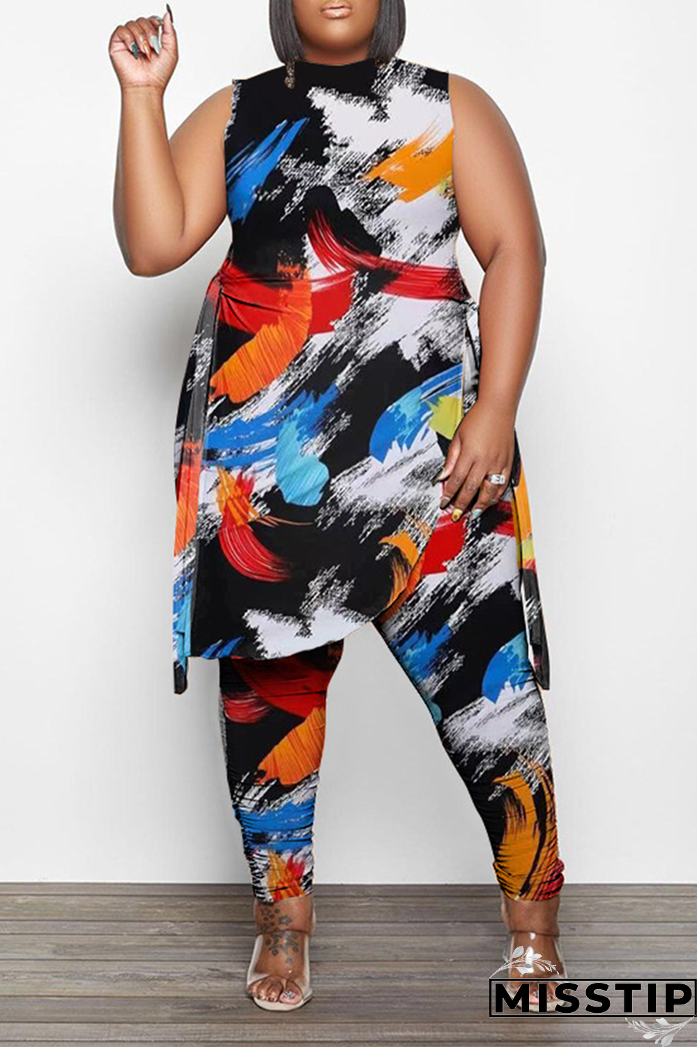 Black White Fashion Print Draw String O Neck Plus Size Two Pieces