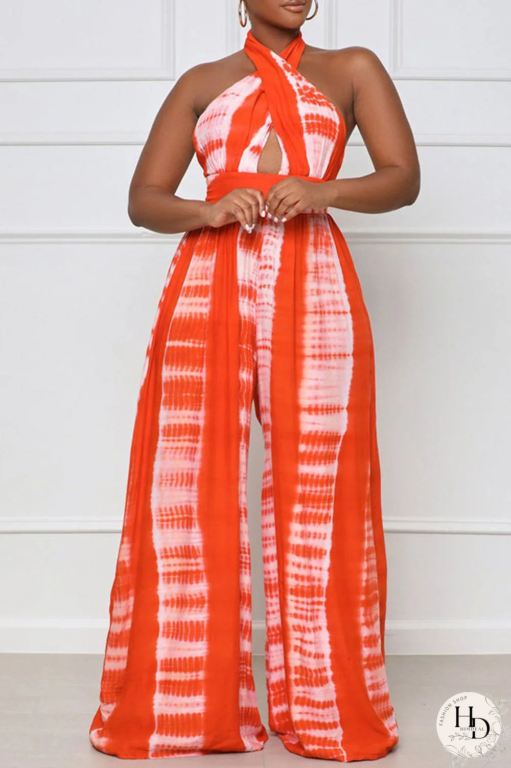 Red Casual Print Split Joint Backless Halter Straight Jumpsuits