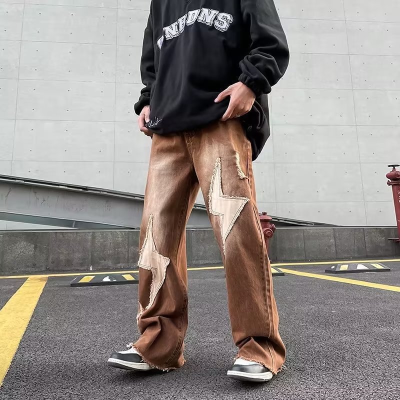 Vintage Lightning Pattern Men's Oversized Hip Hop Jeans-VESSFUL