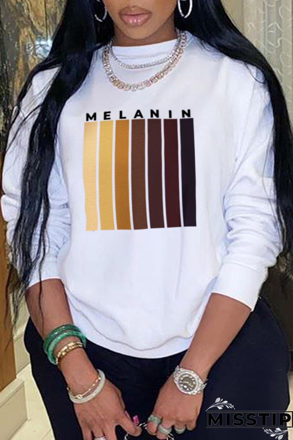 White Fashion Daily Print Patchwork Letter O Neck Tops