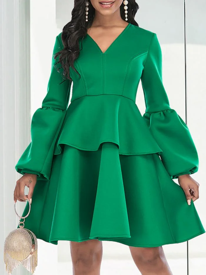 V-neck Lantern Sleeve High-waisted Ruffled Dress