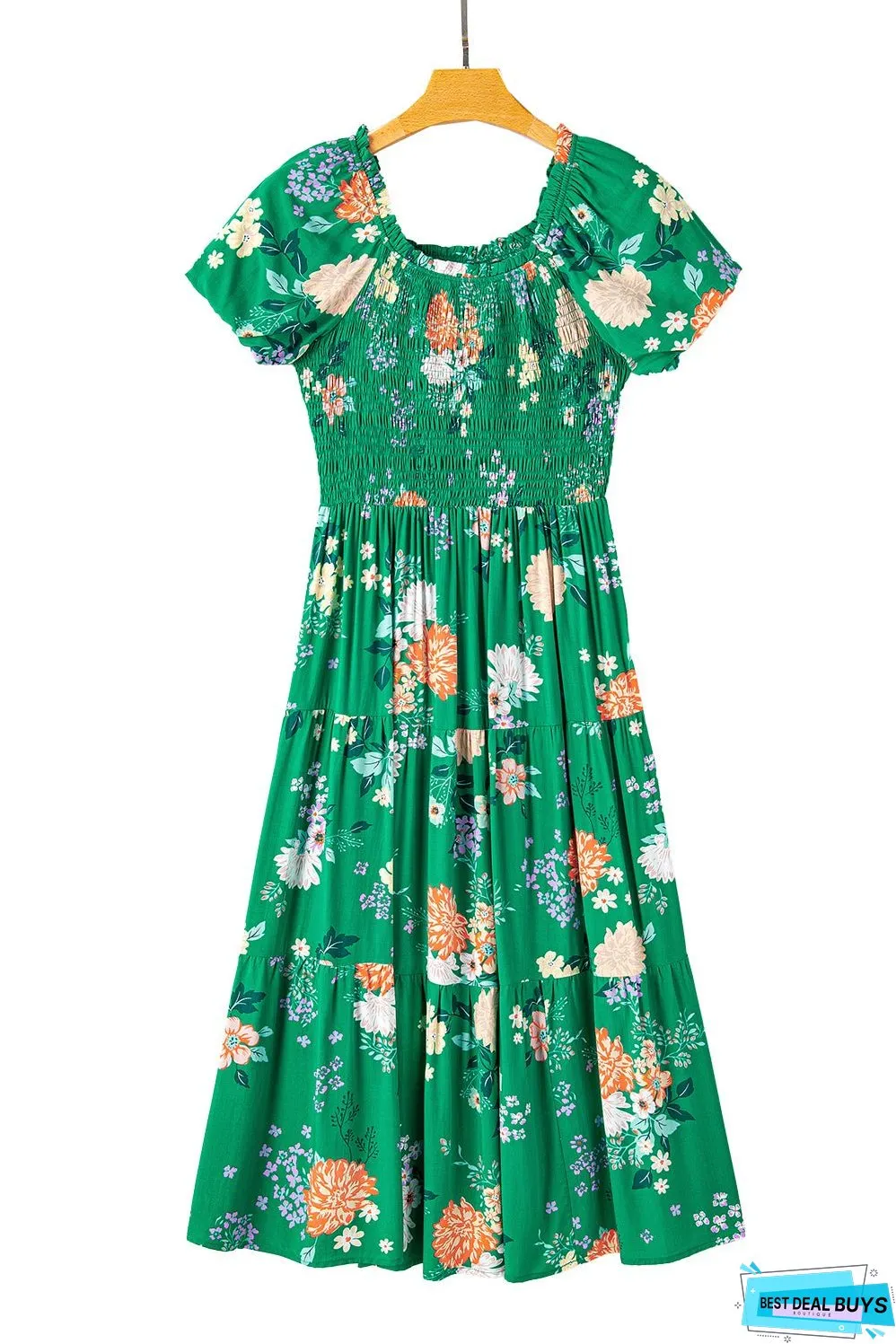 Floral Print Smocked Tiered Midi Dresses