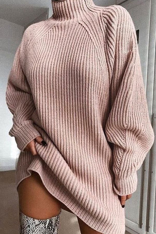 Solid Color Casual High Neck Mini Dress