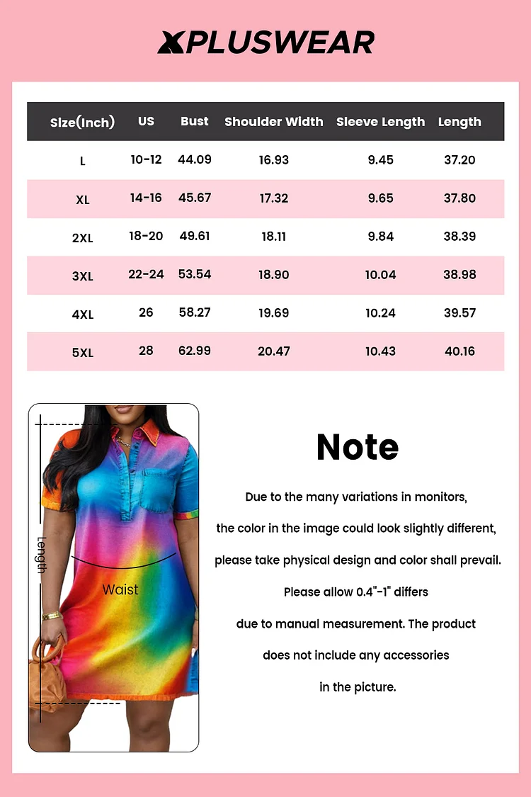 Plus Size Vacation Rainbow Casual All Over Print Shirt Collar Short Sleeve Mini Dresses