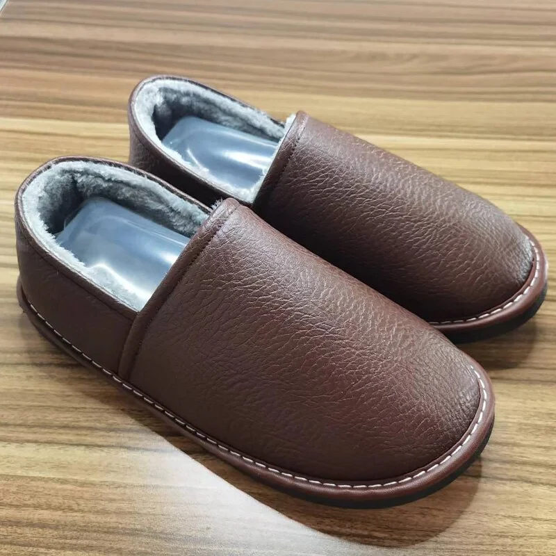 Qengg Leather Slipper Men Slip On Winter Loafers Shoes Big Size 46 47 48 Males Fur Mules Flat Heel Womens Home Fluffy Slippers