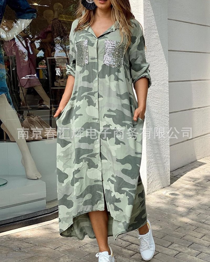 European and American green camouflage stitching sequined shirt dress long sleeve dress  harajuku dress